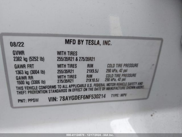 Photo 8 VIN: 7SAYGDEF6NF530214 - TESLA MODEL Y 