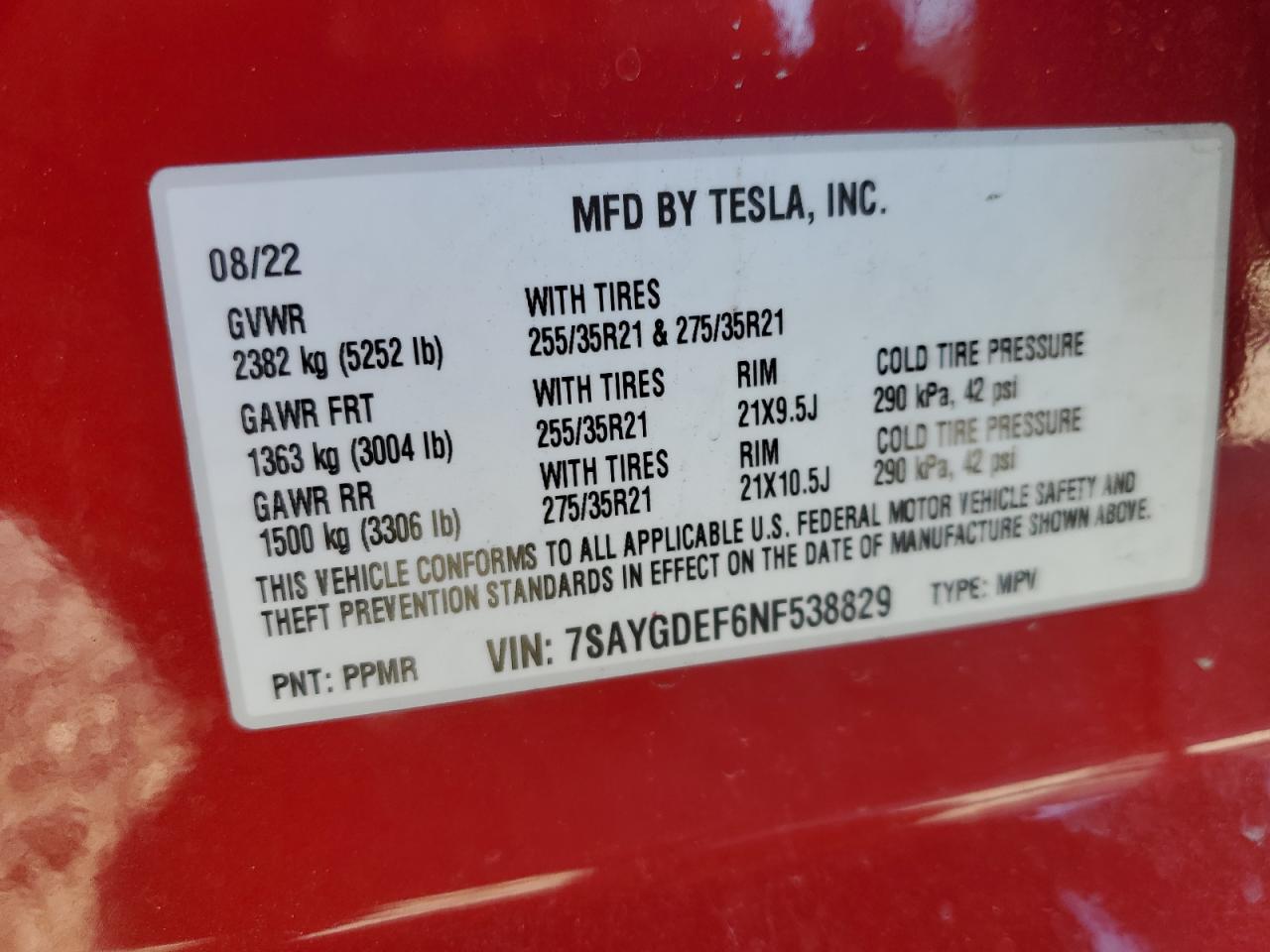 Photo 11 VIN: 7SAYGDEF6NF538829 - TESLA MODEL Y 