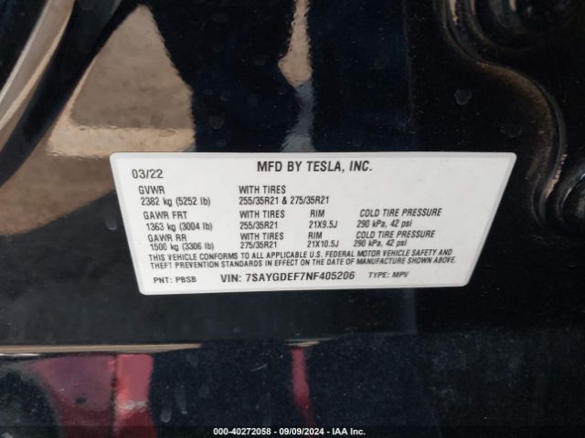 Photo 8 VIN: 7SAYGDEF7NF405206 - TESLA MODEL Y 