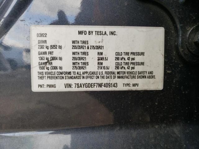 Photo 12 VIN: 7SAYGDEF7NF409143 - TESLA MODEL Y 