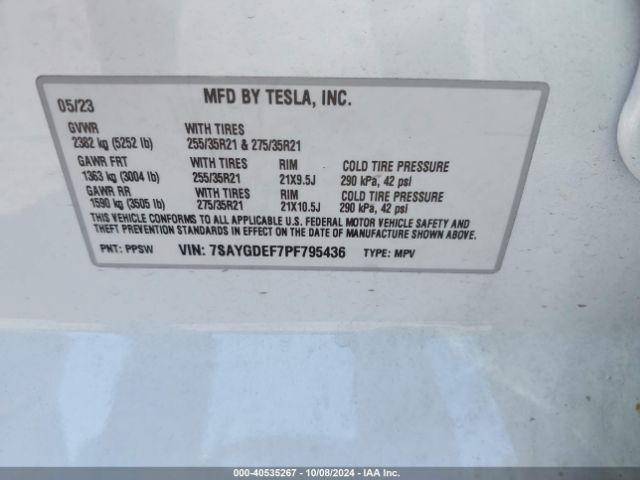 Photo 8 VIN: 7SAYGDEF7PF795436 - TESLA MODEL Y 