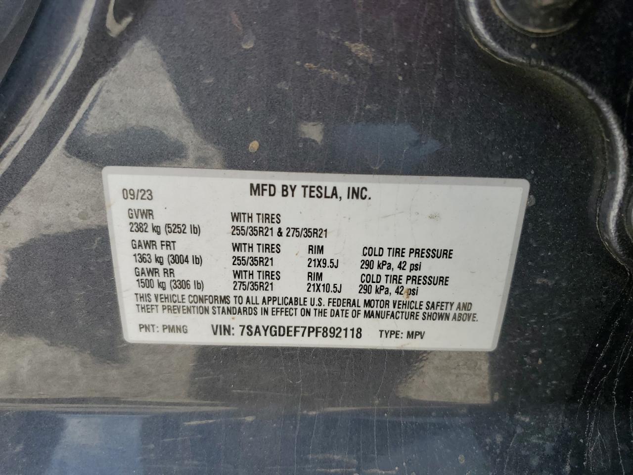 Photo 11 VIN: 7SAYGDEF7PF892118 - TESLA MODEL Y 