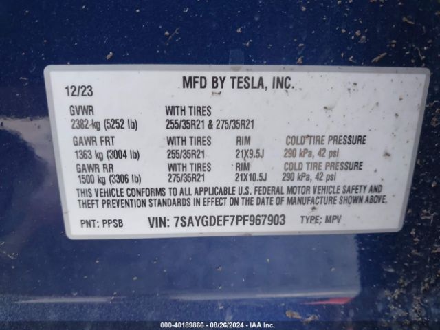 Photo 8 VIN: 7SAYGDEF7PF967903 - TESLA MODEL Y 