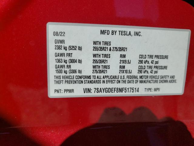 Photo 9 VIN: 7SAYGDEF8NF517514 - TESLA MODEL Y 