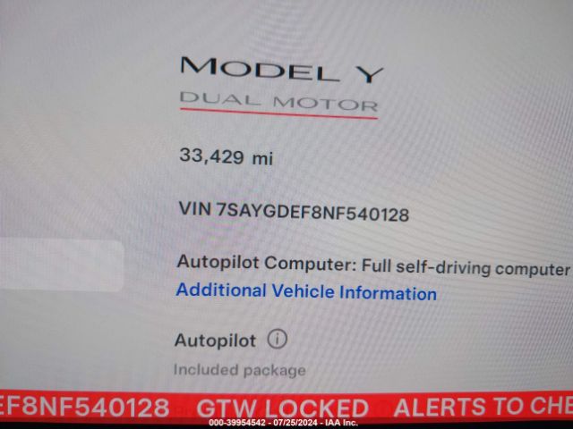 Photo 8 VIN: 7SAYGDEF8NF540128 - TESLA MODEL Y 