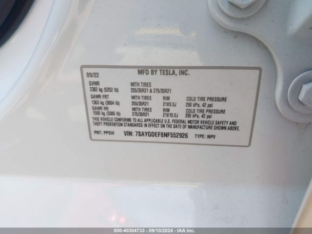 Photo 8 VIN: 7SAYGDEF8NF552926 - TESLA MODEL Y 