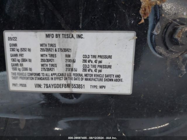 Photo 8 VIN: 7SAYGDEF8NF553851 - TESLA MODEL Y 