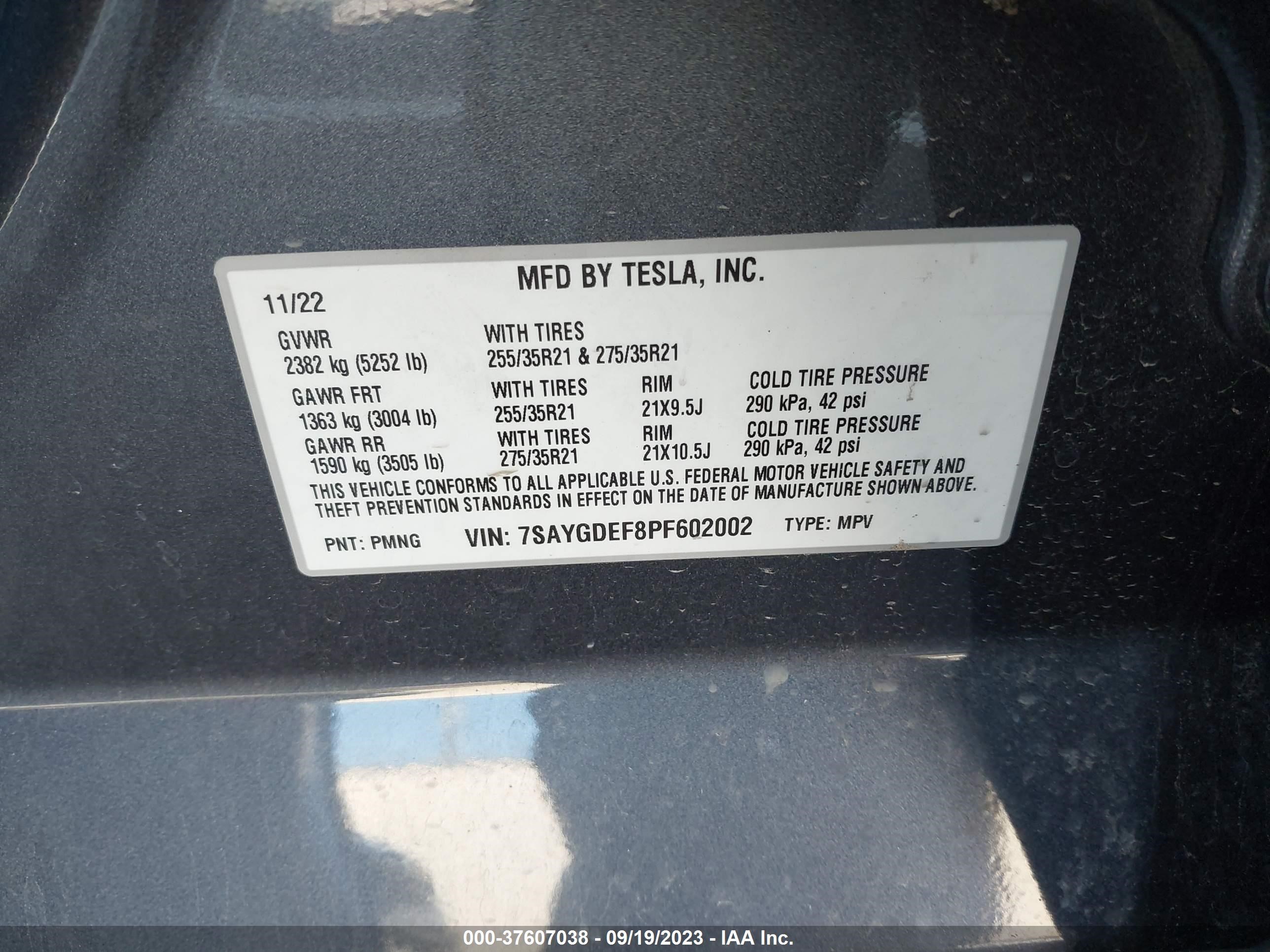 Photo 8 VIN: 7SAYGDEF8PF602002 - TESLA MODEL Y 