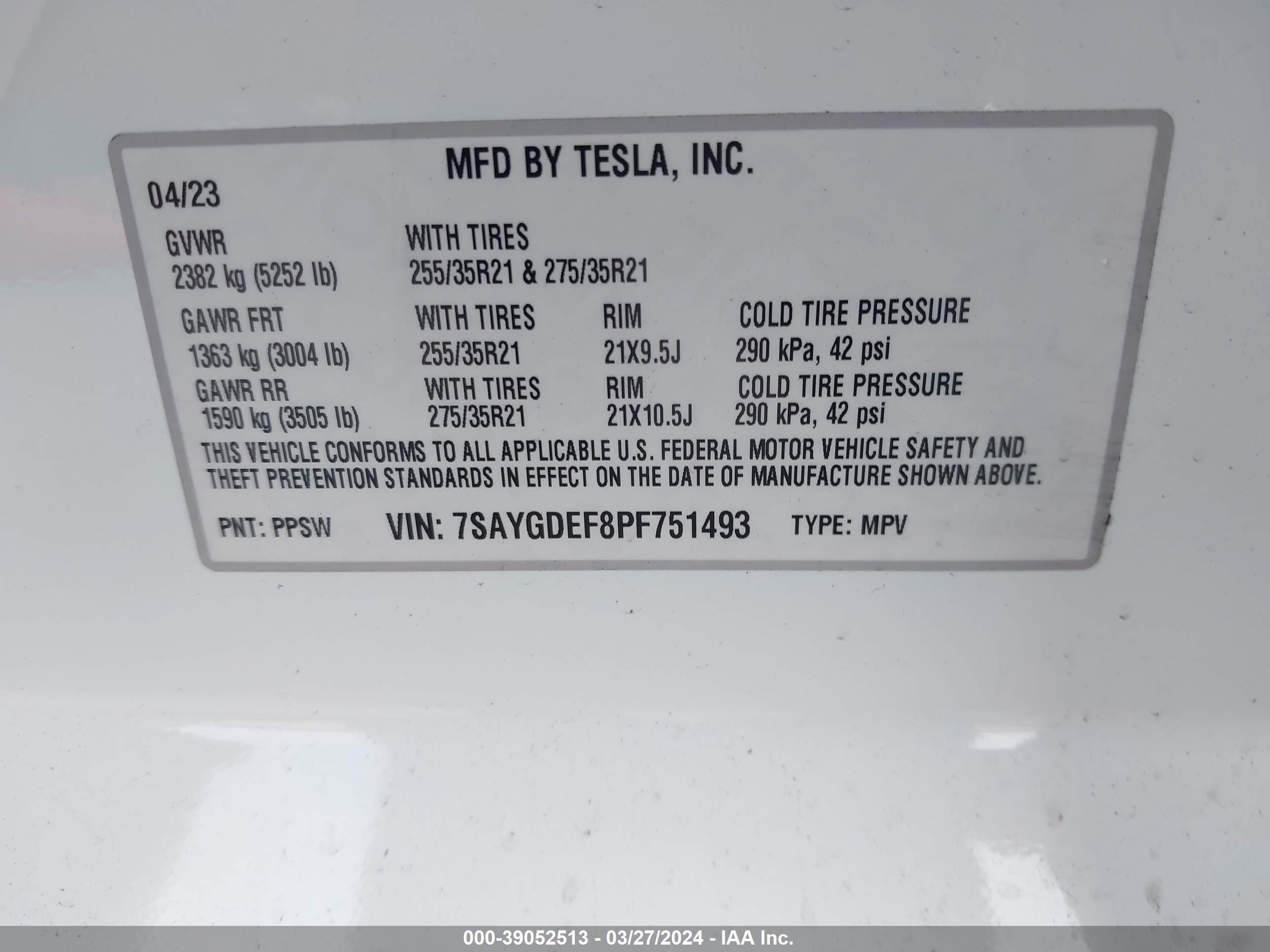 Photo 8 VIN: 7SAYGDEF8PF751493 - TESLA MODEL Y 