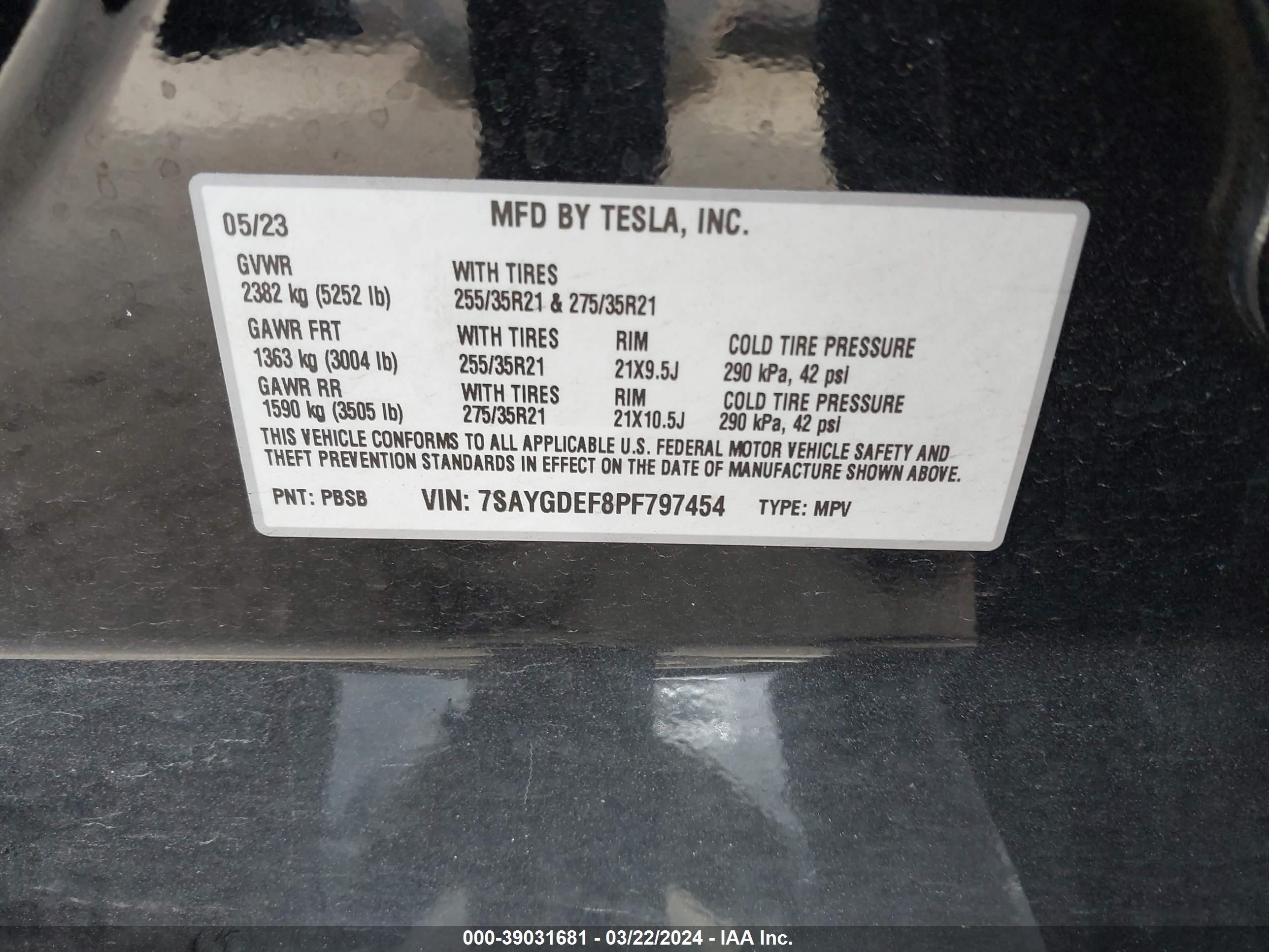 Photo 8 VIN: 7SAYGDEF8PF797454 - TESLA MODEL Y 