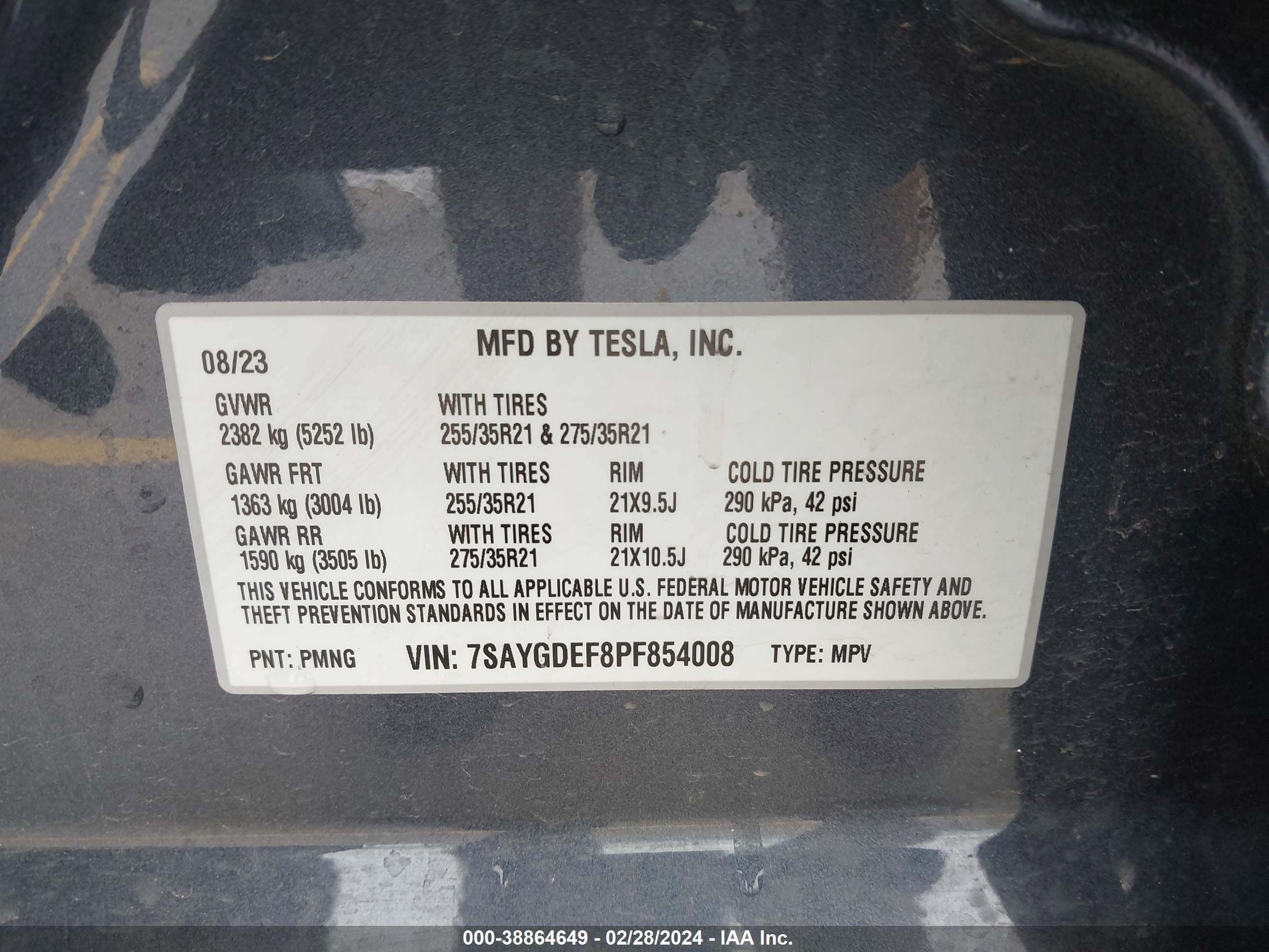 Photo 7 VIN: 7SAYGDEF8PF854008 - TESLA MODEL Y 