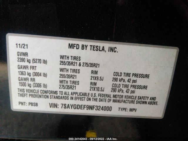 Photo 8 VIN: 7SAYGDEF9NF324000 - TESLA MODEL Y 