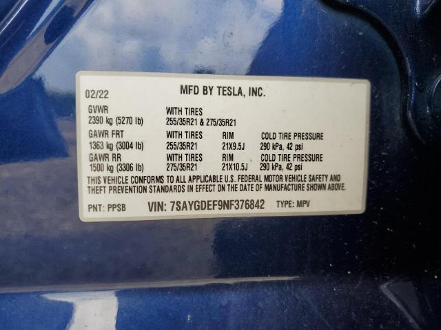 Photo 12 VIN: 7SAYGDEF9NF376842 - TESLA MODEL Y 