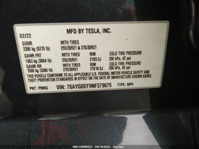 Photo 8 VIN: 7SAYGDEF9NF379675 - TESLA MODEL Y 