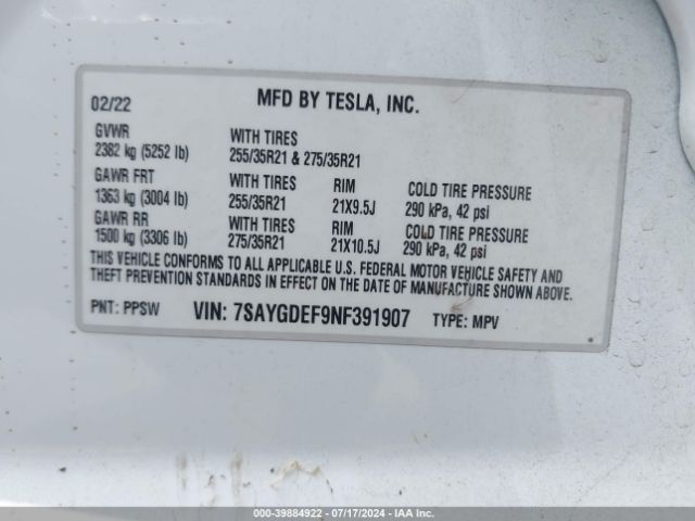 Photo 8 VIN: 7SAYGDEF9NF391907 - TESLA MODEL Y 