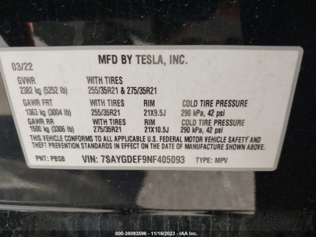 Photo 8 VIN: 7SAYGDEF9NF405093 - TESLA MODEL Y 