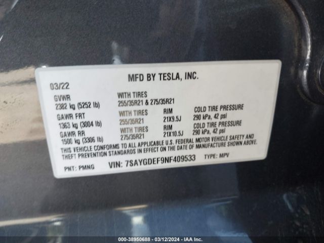 Photo 8 VIN: 7SAYGDEF9NF409533 - TESLA MODEL Y 