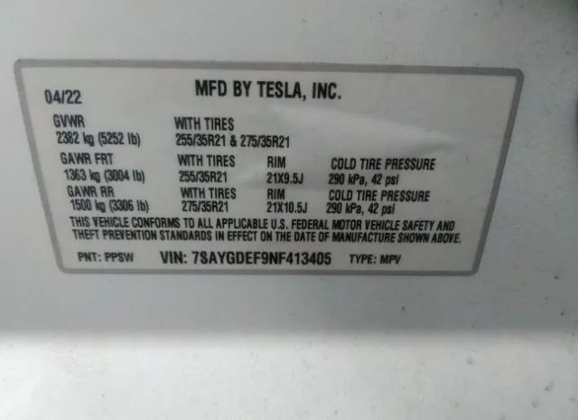 Photo 8 VIN: 7SAYGDEF9NF413405 - TESLA MODEL Y 