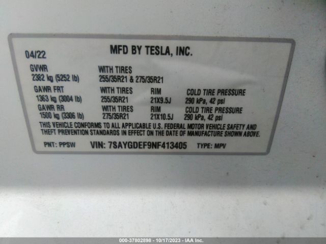 Photo 8 VIN: 7SAYGDEF9NF413405 - TESLA MODEL Y 