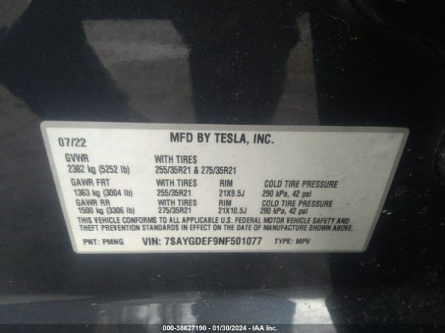 Photo 8 VIN: 7SAYGDEF9NF501077 - TESLA MODEL Y 