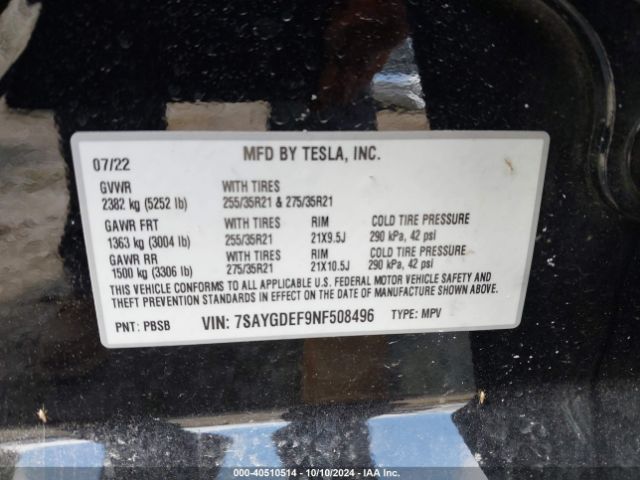 Photo 8 VIN: 7SAYGDEF9NF508496 - TESLA MODEL Y 