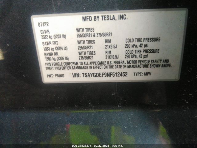 Photo 8 VIN: 7SAYGDEF9NF512452 - TESLA MODEL Y 