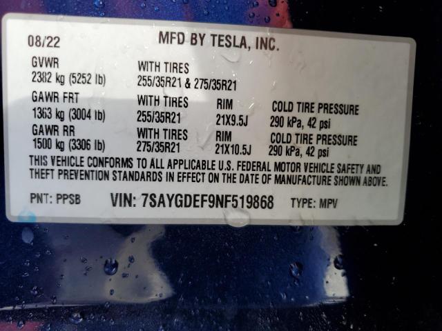 Photo 11 VIN: 7SAYGDEF9NF519868 - TESLA MODEL Y 