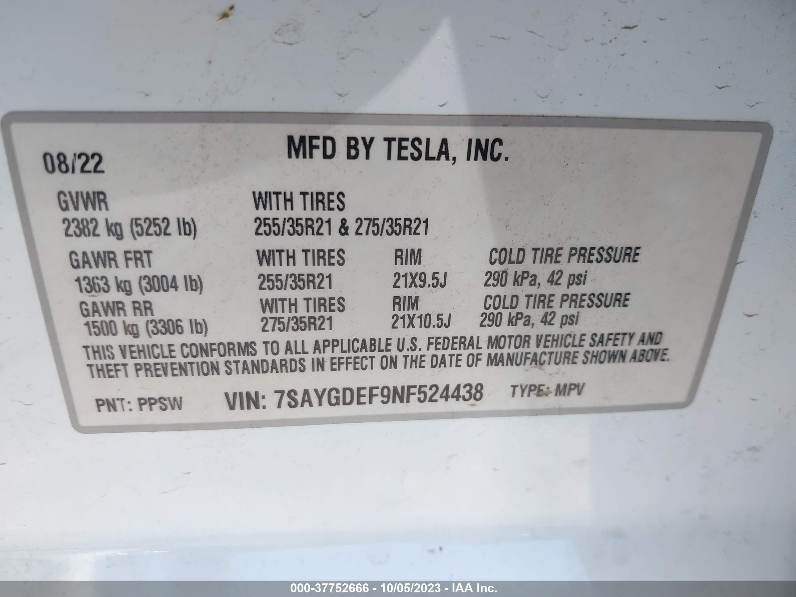 Photo 8 VIN: 7SAYGDEF9NF524438 - TESLA MODEL Y 