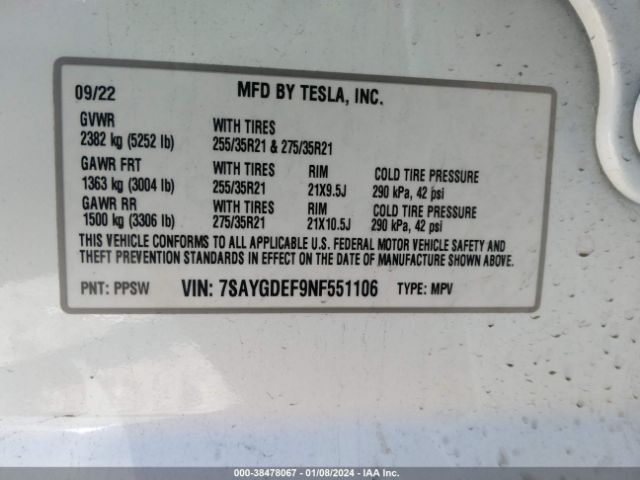 Photo 8 VIN: 7SAYGDEF9NF551106 - TESLA MODEL Y 