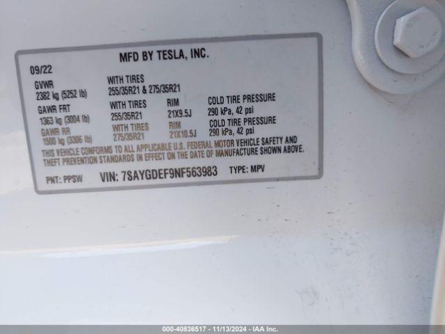 Photo 8 VIN: 7SAYGDEF9NF563983 - TESLA MODEL Y 