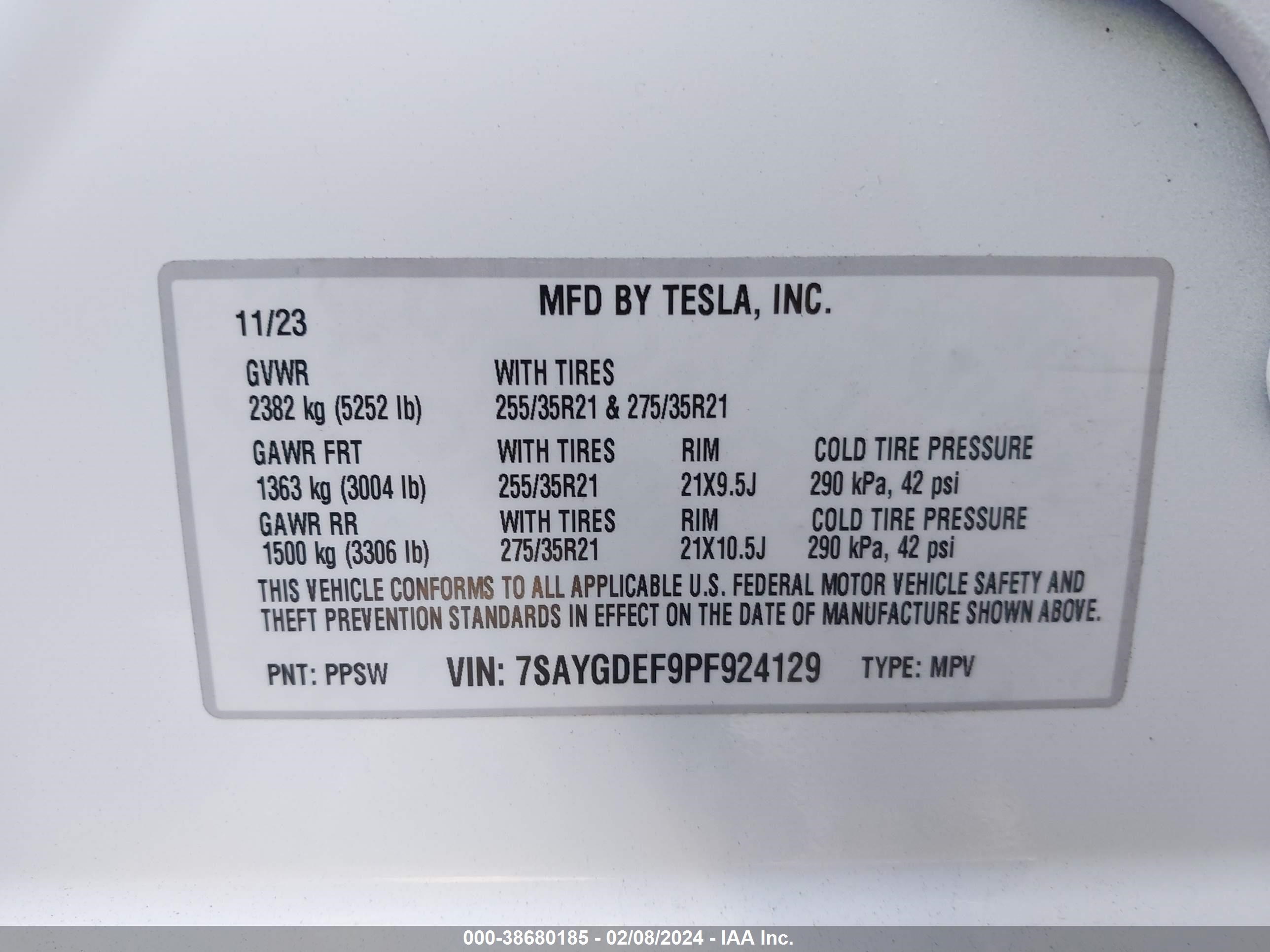 Photo 7 VIN: 7SAYGDEF9PF924129 - TESLA MODEL Y 