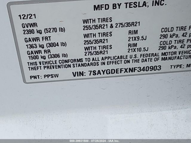 Photo 8 VIN: 7SAYGDEFXNF340903 - TESLA MODEL Y 