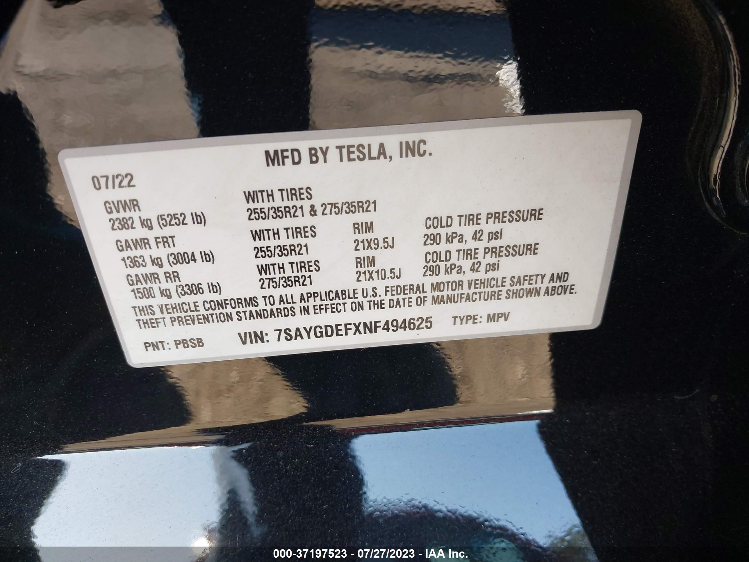 Photo 8 VIN: 7SAYGDEFXNF494625 - TESLA MODEL Y 