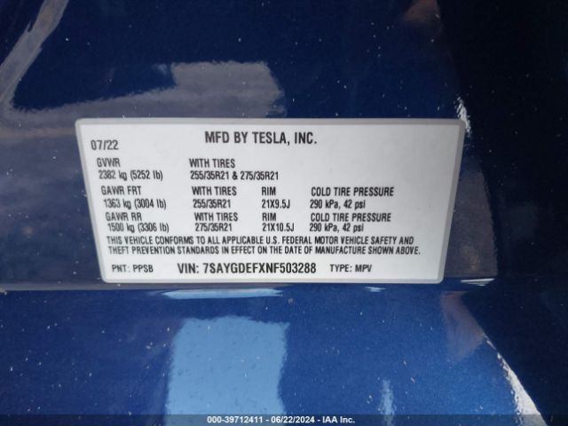 Photo 8 VIN: 7SAYGDEFXNF503288 - TESLA MODEL Y 