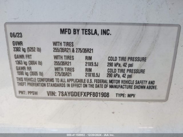 Photo 8 VIN: 7SAYGDEFXPF801908 - TESLA MODEL Y 