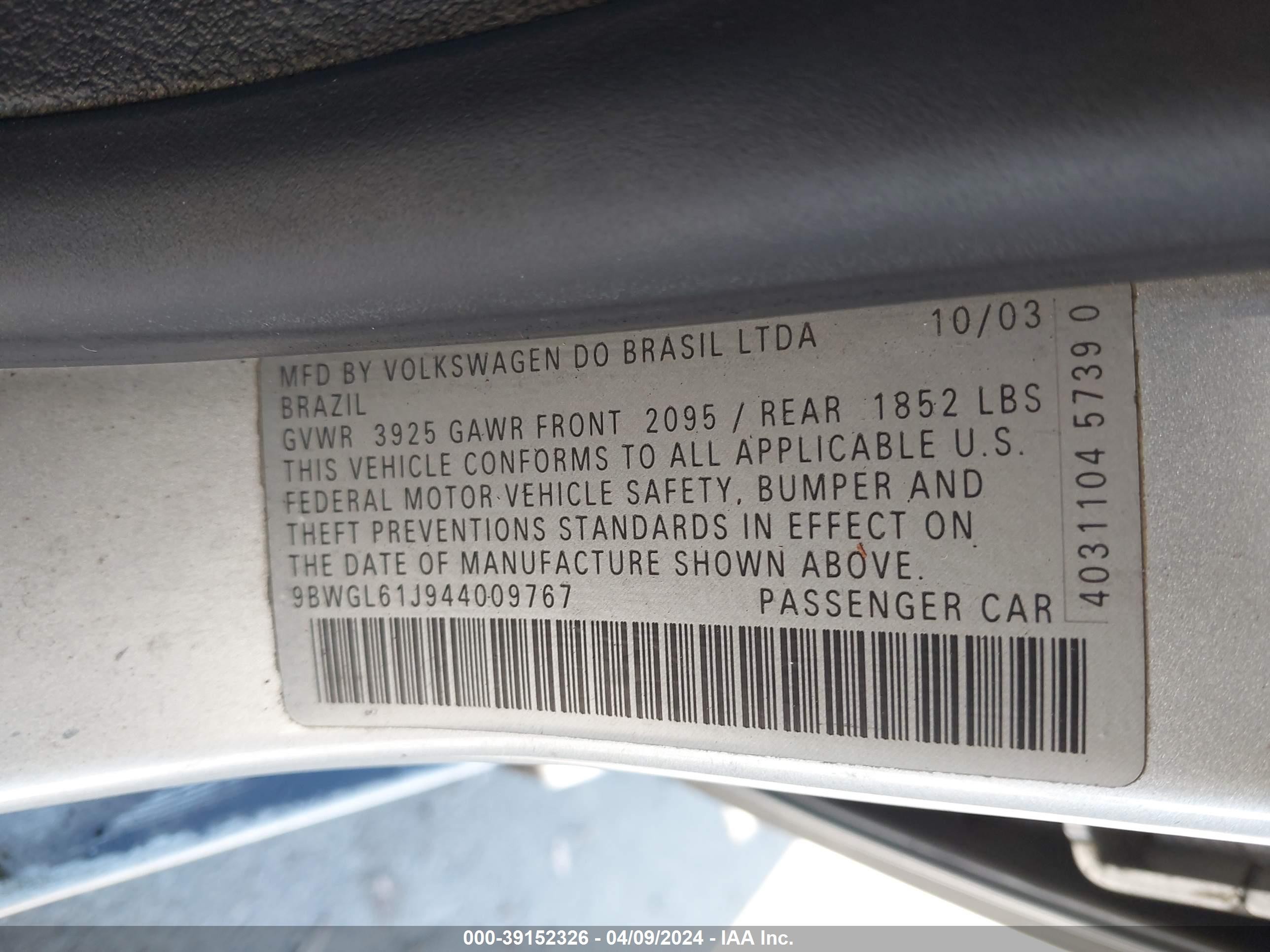 Photo 8 VIN: 9BWGL61J944009767 - VOLKSWAGEN GOLF 