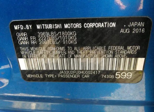 Photo 8 VIN: JA32U2FU0HU002417 - MITSUBISHI LANCER 