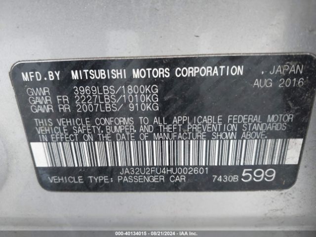 Photo 8 VIN: JA32U2FU4HU002601 - MITSUBISHI LANCER 