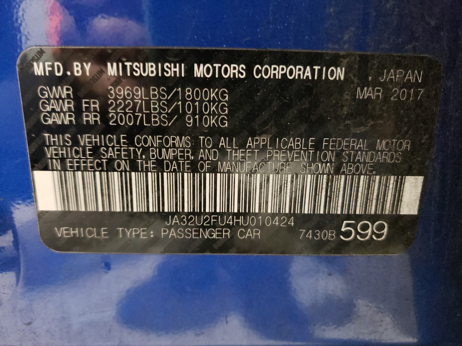 Photo 9 VIN: JA32U2FU4HU010424 - MITSUBISHI LANCER ES 