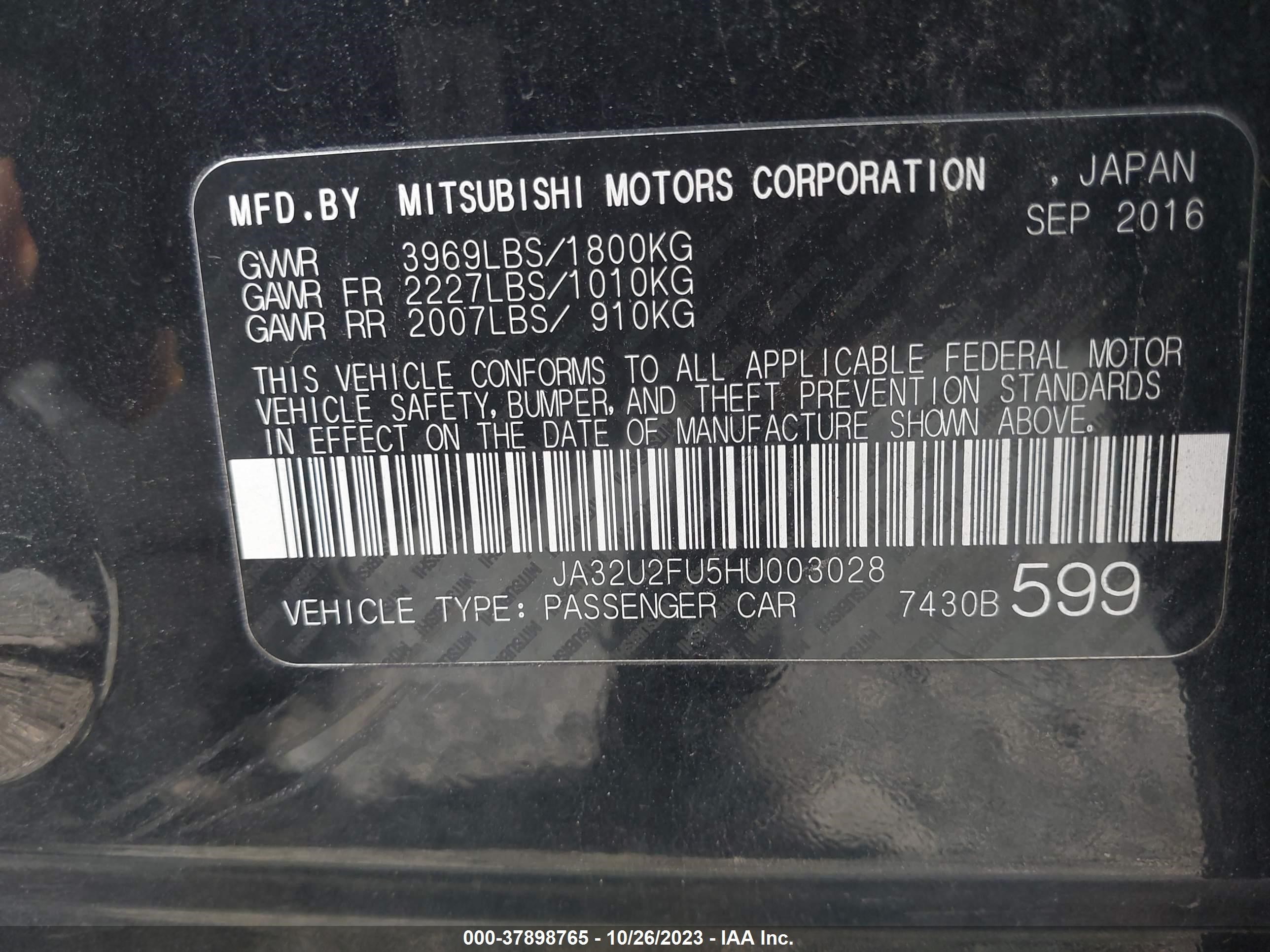 Photo 8 VIN: JA32U2FU5HU003028 - MITSUBISHI LANCER 