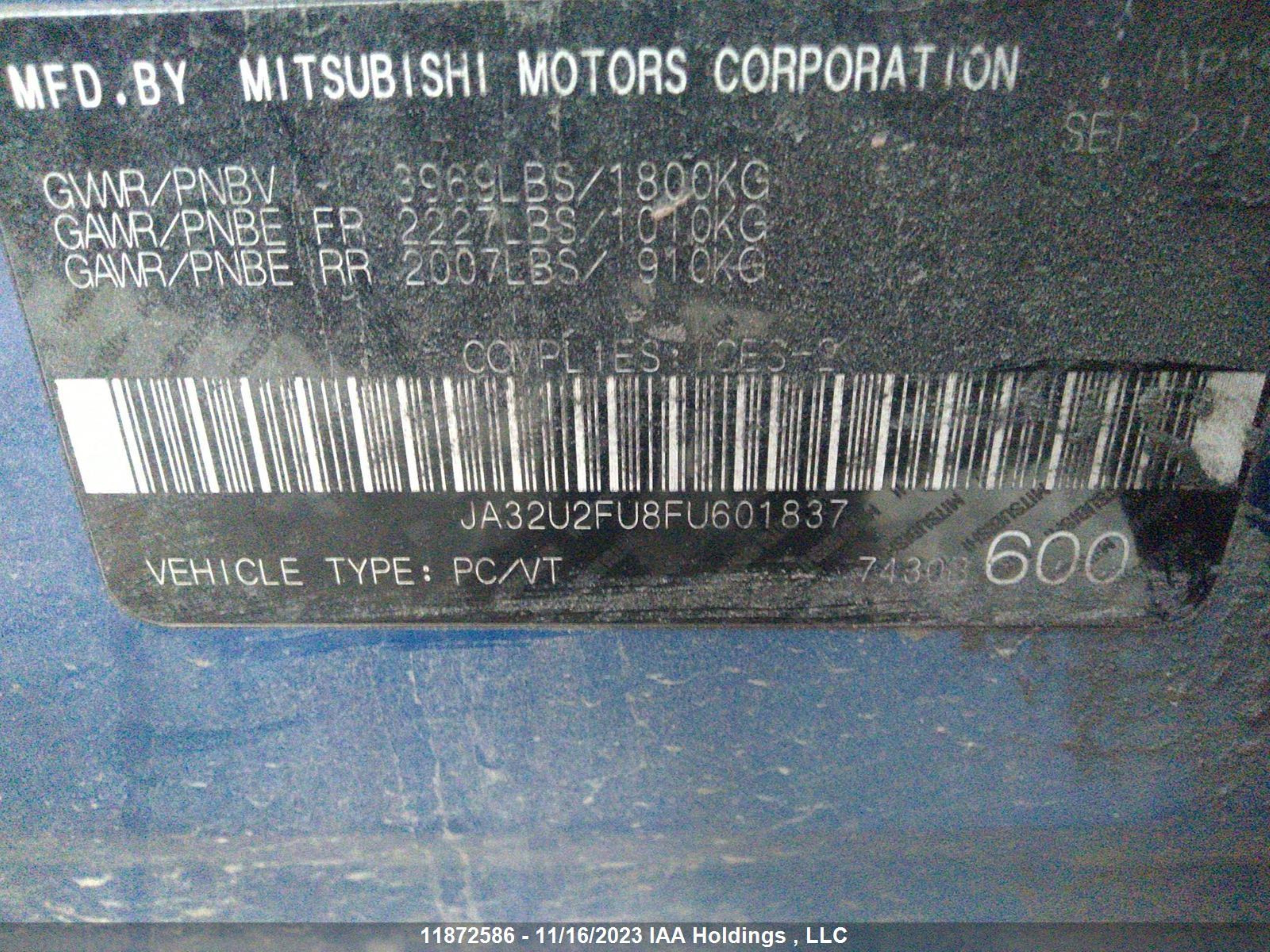 Photo 8 VIN: JA32U2FU8FU601837 - MITSUBISHI LANCER 