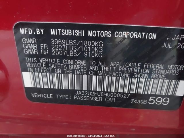 Photo 8 VIN: JA32U2FU8HU000527 - MITSUBISHI LANCER 