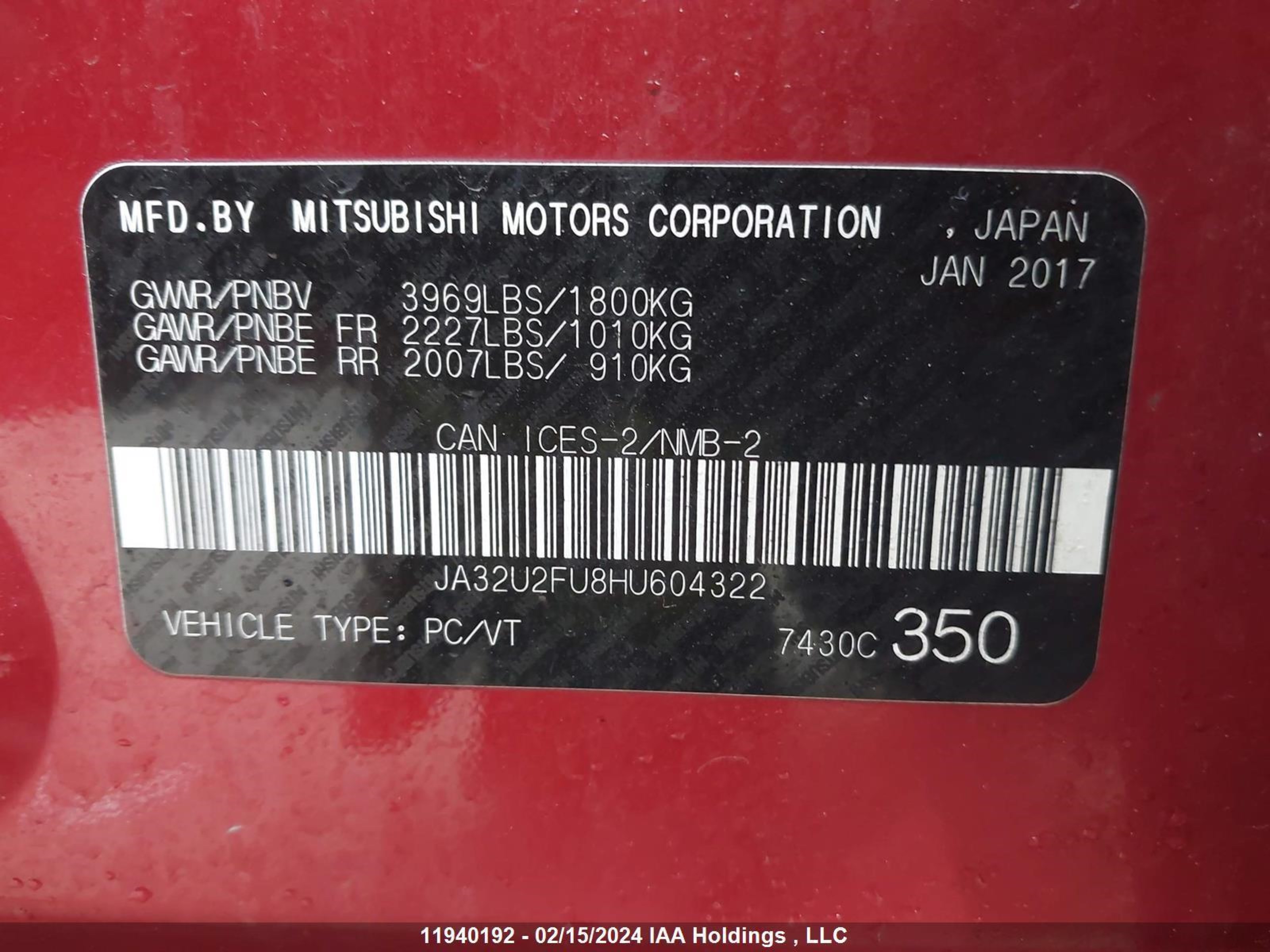 Photo 8 VIN: JA32U2FU8HU604322 - MITSUBISHI LANCER 