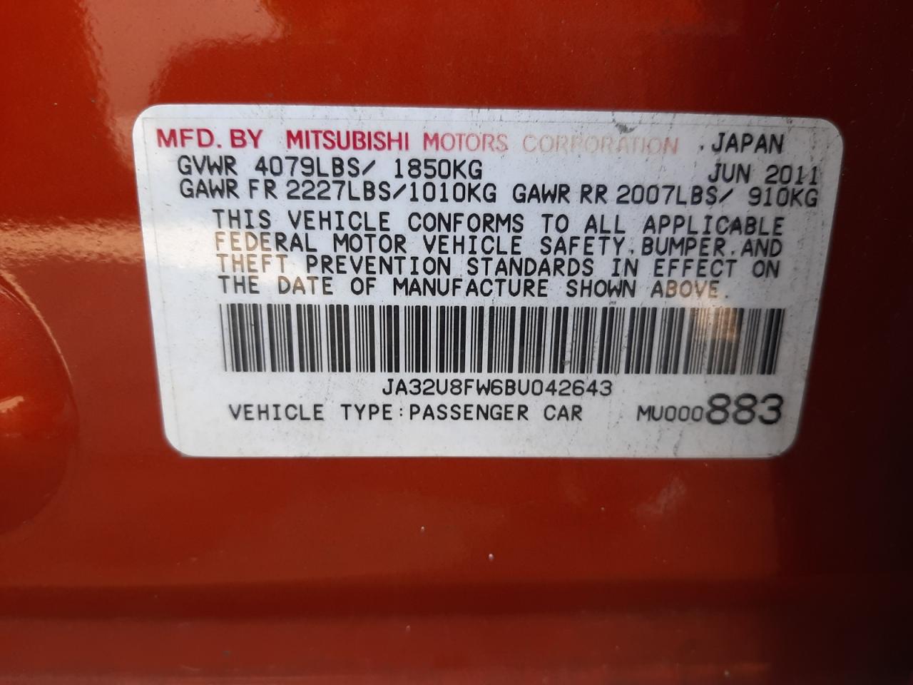 Photo 11 VIN: JA32U8FW6BU042643 - MITSUBISHI LANCER 