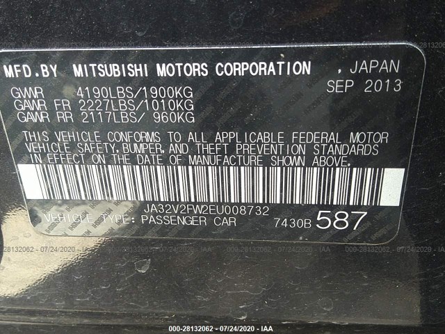 Photo 8 VIN: JA32V2FW2EU008732 - MITSUBISHI LANCER 