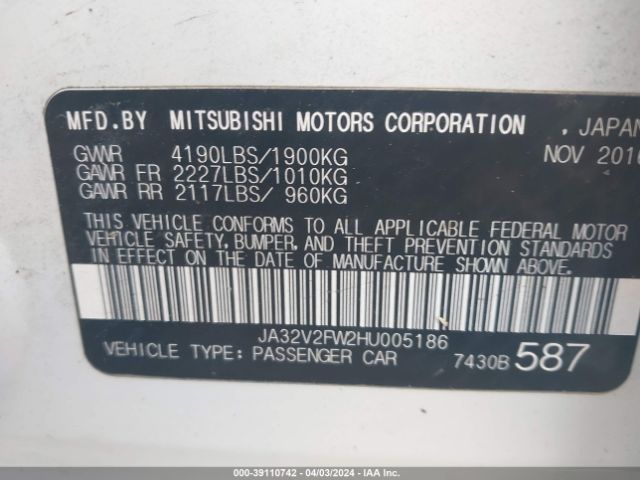 Photo 8 VIN: JA32V2FW2HU005186 - MITSUBISHI LANCER 