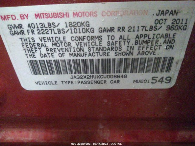 Photo 8 VIN: JA32X2HUXCU006648 - MITSUBISHI LANCER SPORTBACK 