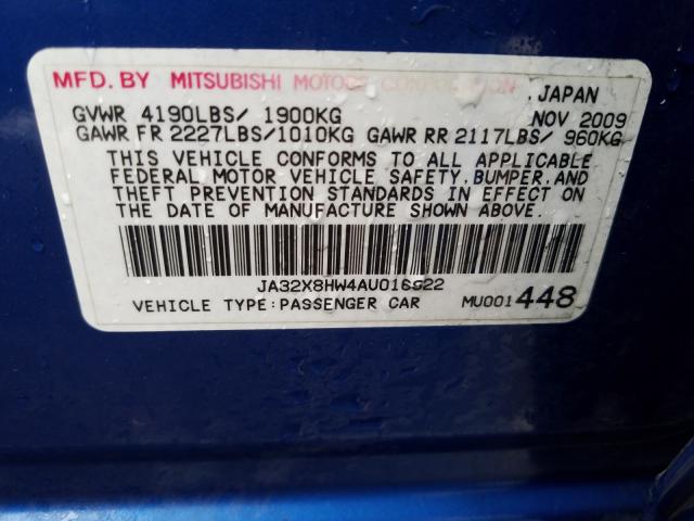 Photo 9 VIN: JA32X8HW4AU016822 - MITSUBISHI LANCER GTS 