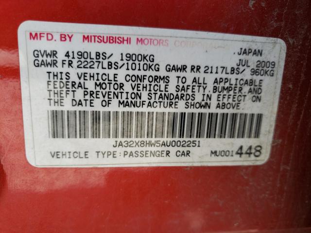 Photo 9 VIN: JA32X8HW5AU002251 - MITSUBISHI LANCER GTS 