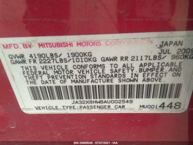 Photo 8 VIN: JA32X8HW8AU002549 - MITSUBISHI LANCER 